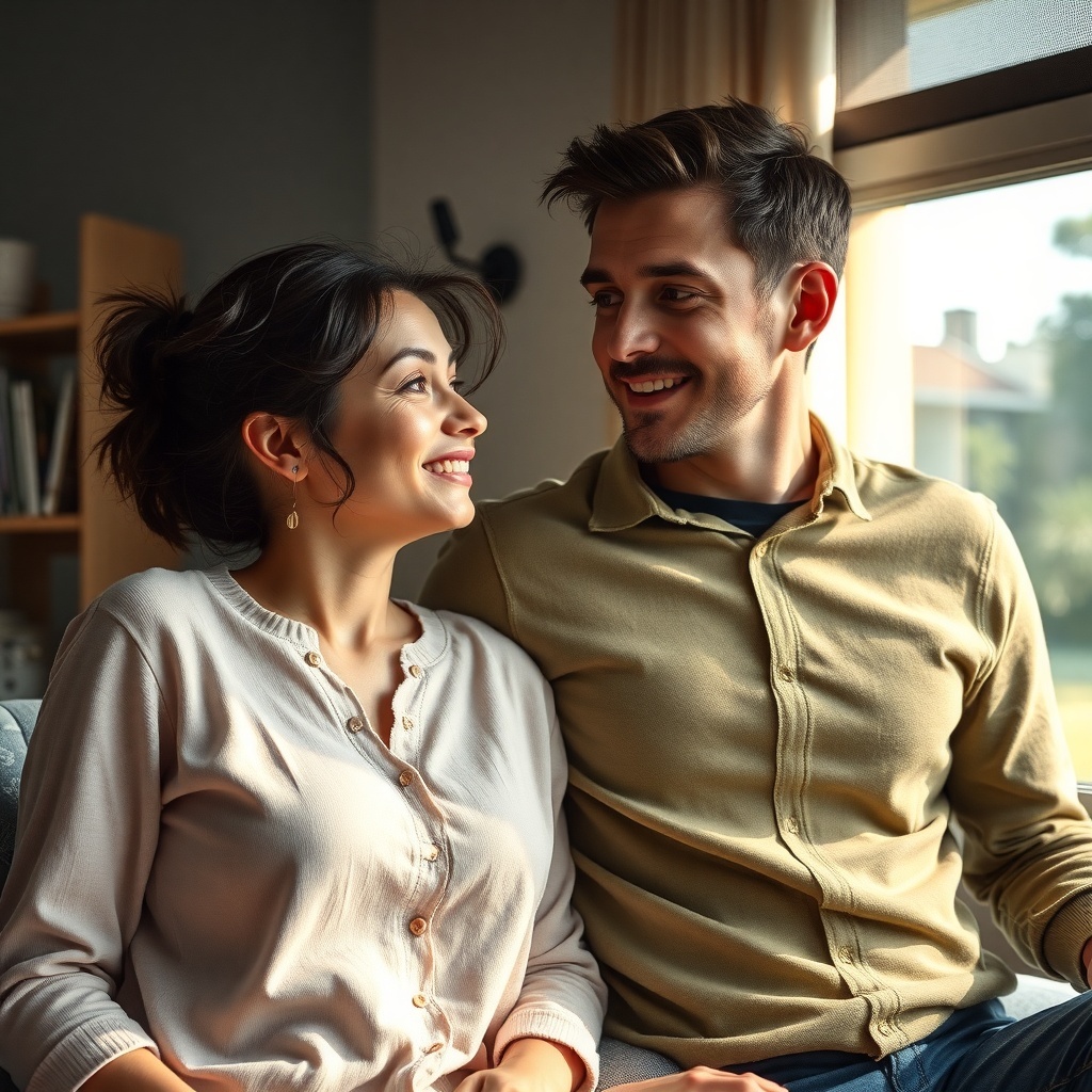 A couple smiling at each other, enjoying a moment together.