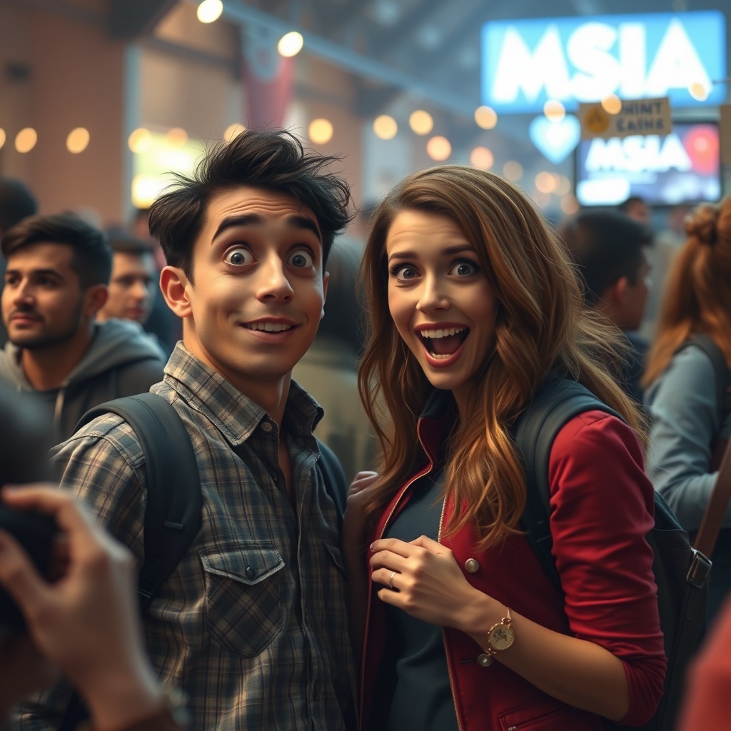 A cheerful couple posing for a photo in a lively setting, capturing a moment of joy and connection.