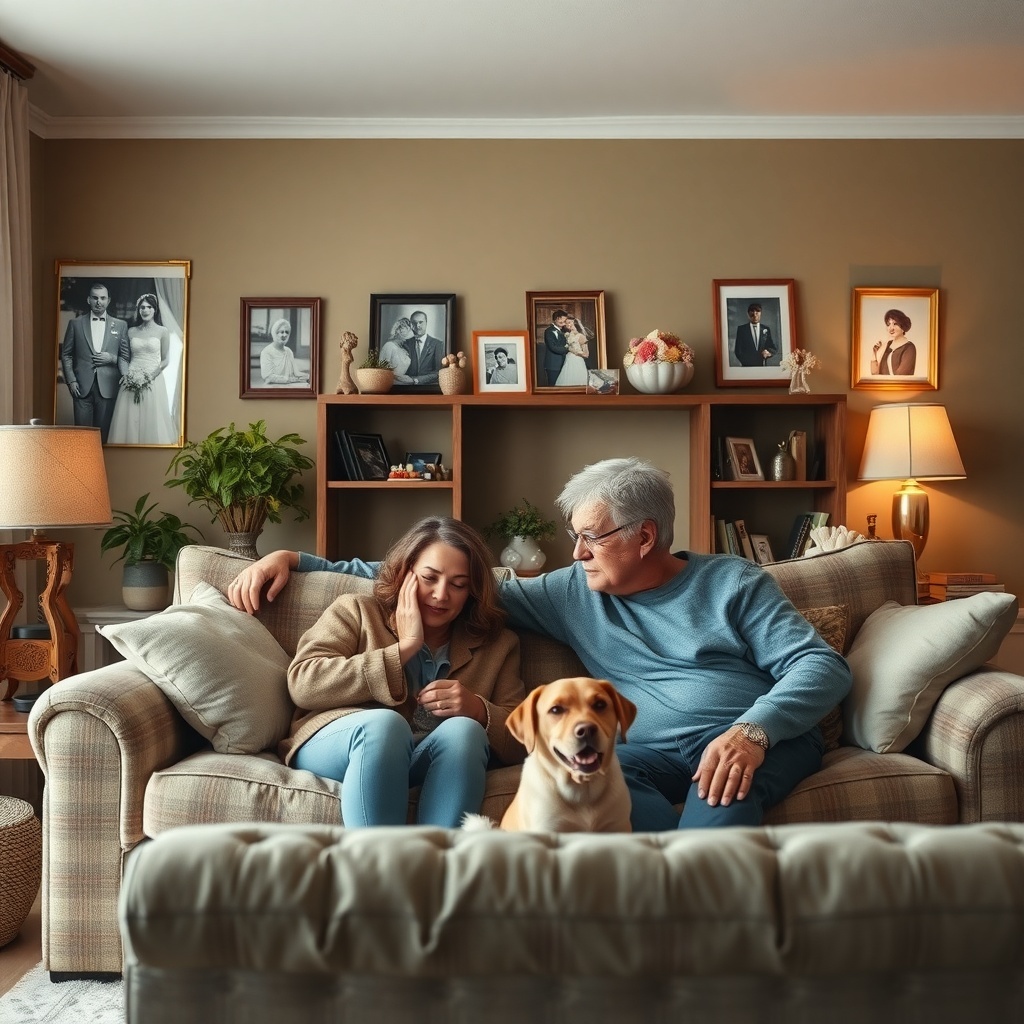 A couple sitting together on a couch, sharing a moment of intimacy, with a dog nearby.