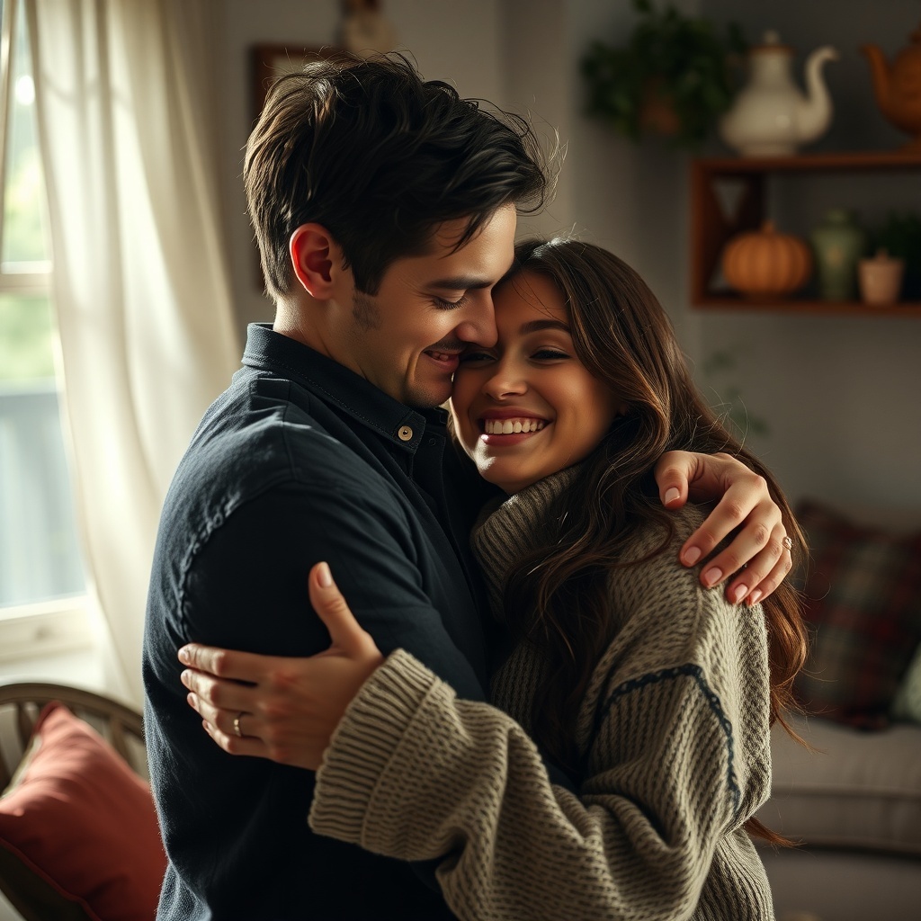 A couple embracing each other in a cozy setting, showcasing warmth and connection.