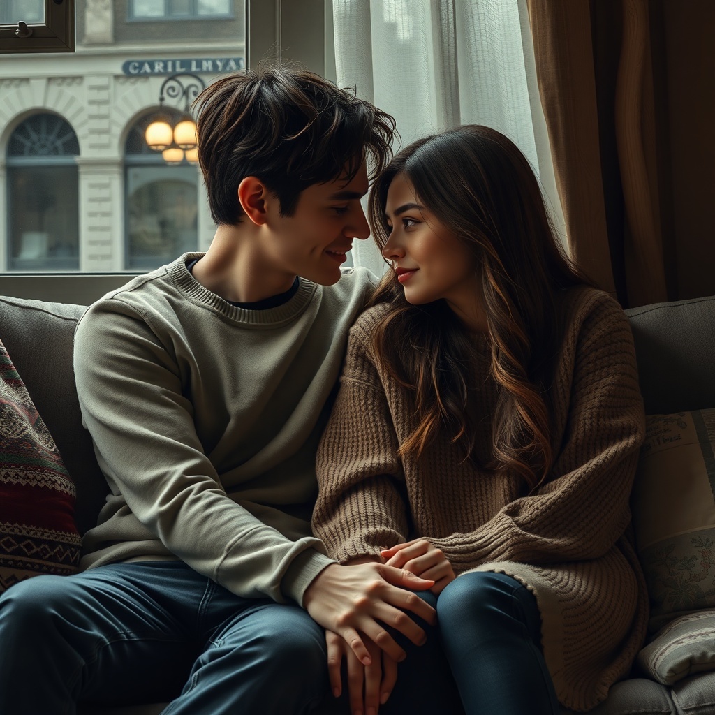 A couple sitting closely together, smiling and looking into each other's eyes, conveying warmth and connection.