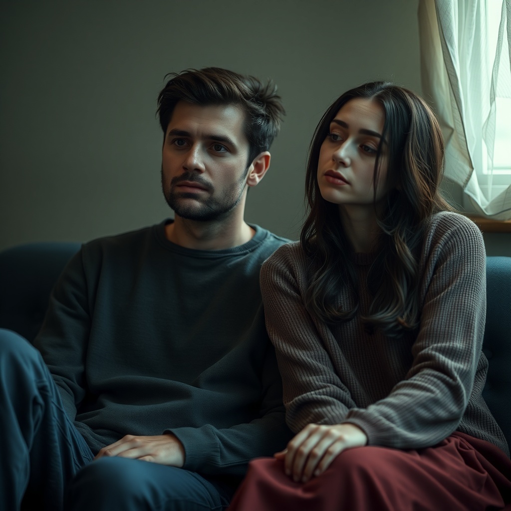 A man and woman sitting together, looking serious and contemplative.