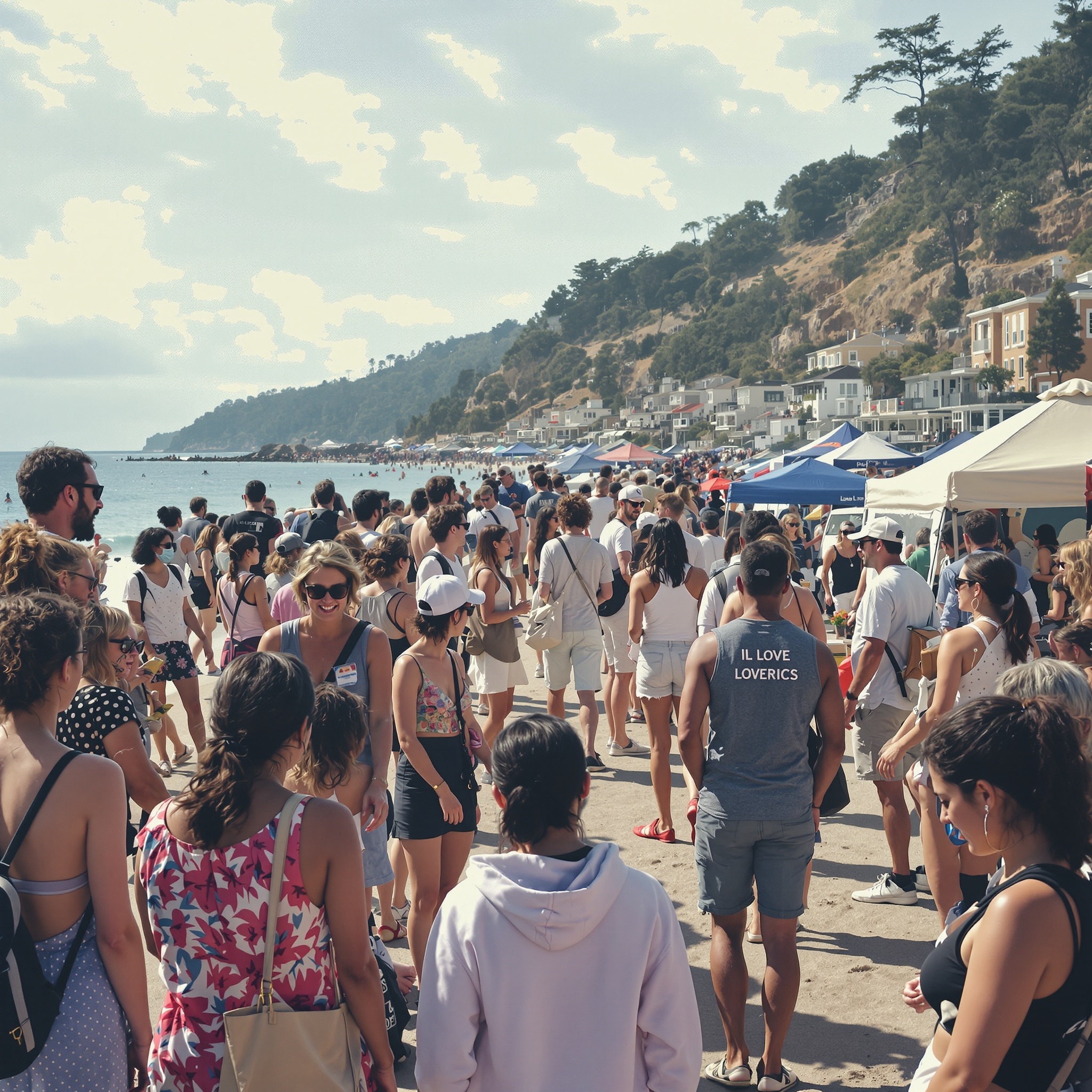 A lively scene in a coastal town with many people enjoying a sunny day at the beach.