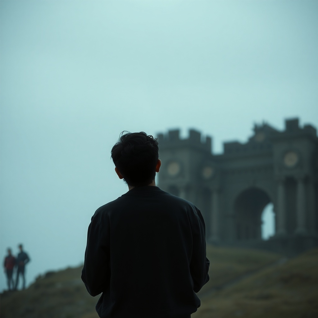 A person standing alone, looking at a distant structure in a foggy landscape.