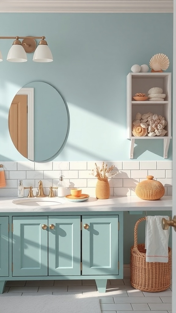 A bright and airy bathroom with blue walls, seashell decor, and a modern vanity.