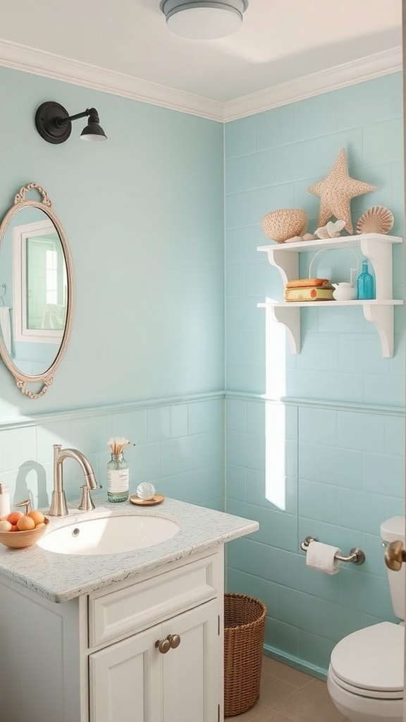 A bright and inviting coastal bathroom with blue walls, seashell decor, and a white shelf.
