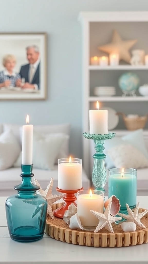 A cozy arrangement of candles in seashell holders, showcasing coastal decor.