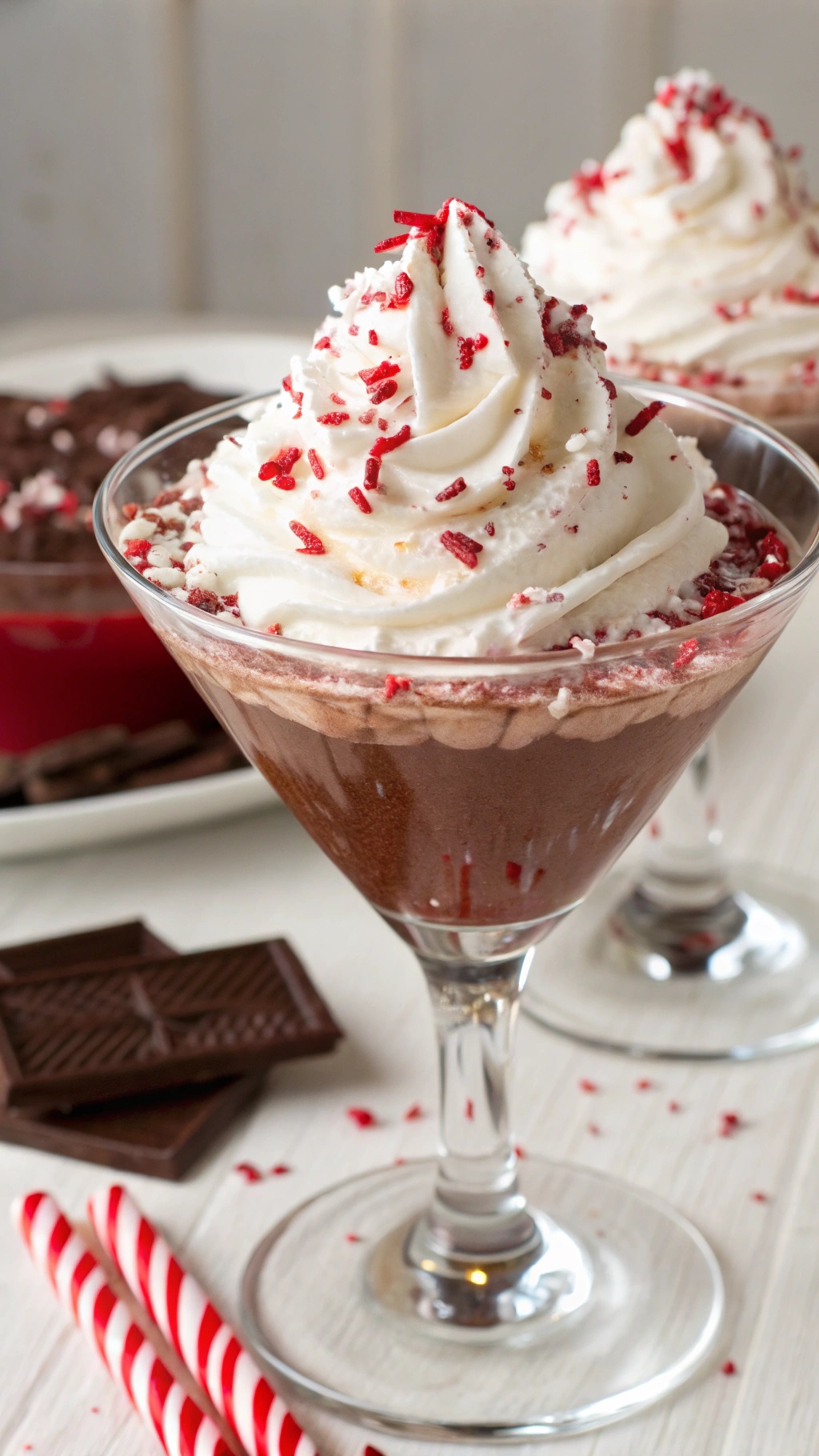 Chocolate peppermint cream cocktail topped with whipped cream and red sprinkles.