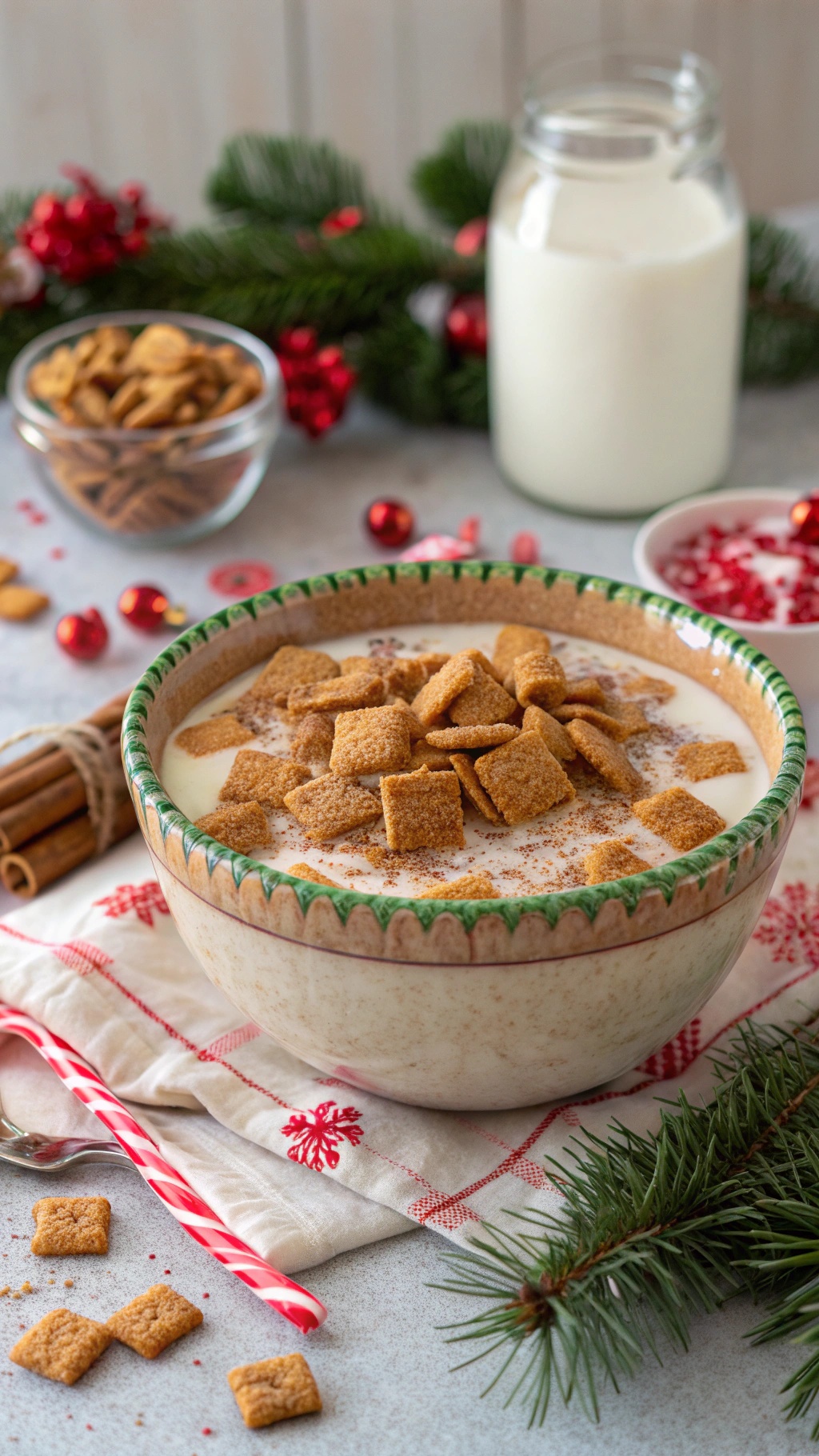 Cinnamon Toast Crunch shot topped with cereal crumbs on a festive holiday backdrop.