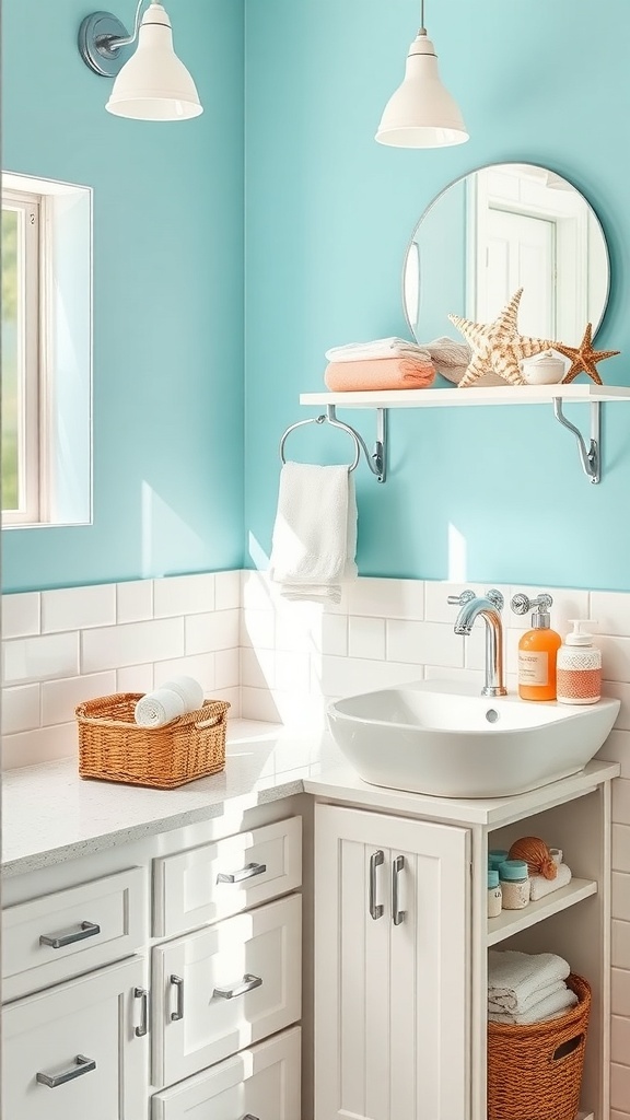 Bright coastal bathroom with blue walls, round mirror, and seashell accents.