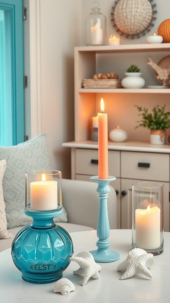 Coastal blue seashell candle holder with pastel candles and seashells on a table