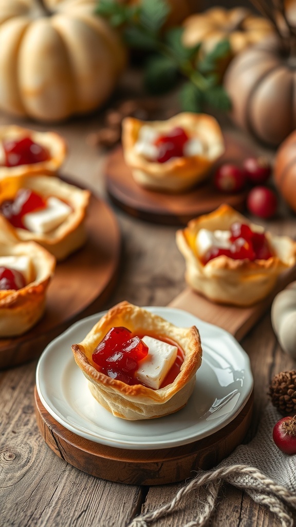 Cranberry Brie Bites served on a wooden platter with pumpkins and greenery in the background.