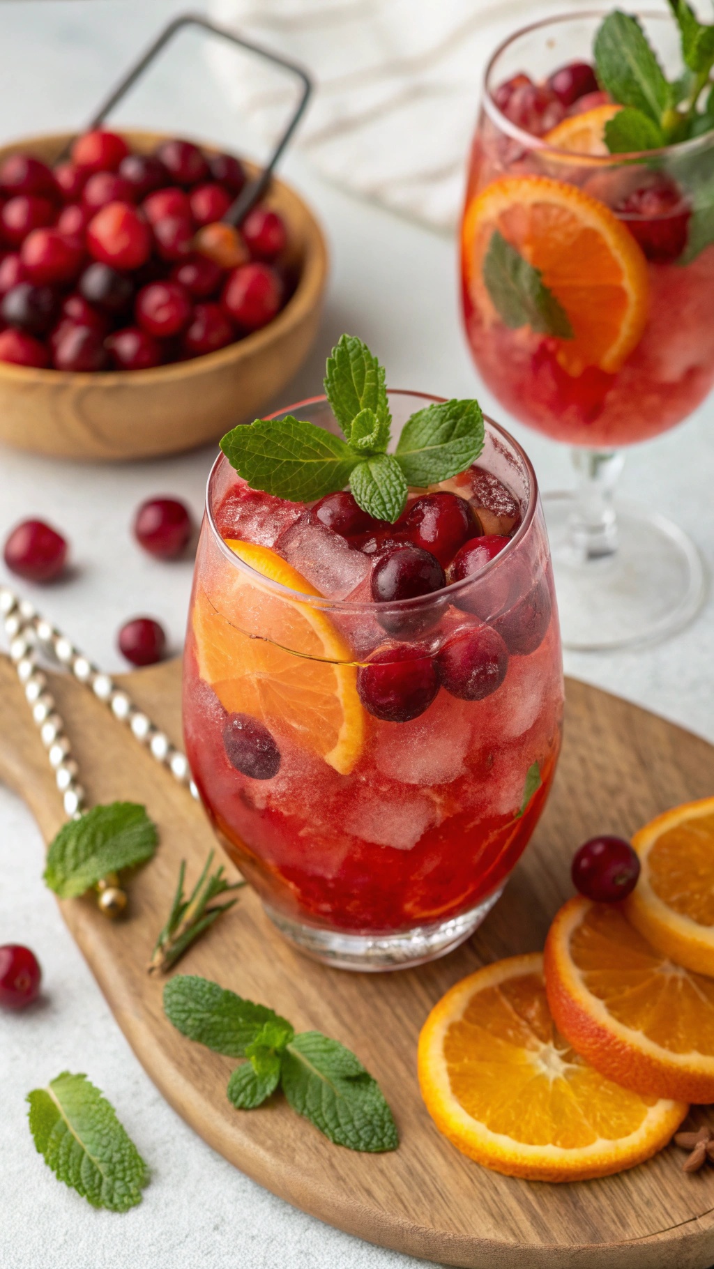 Cranberry orange sparkler with fresh cranberries, orange slice, and mint.