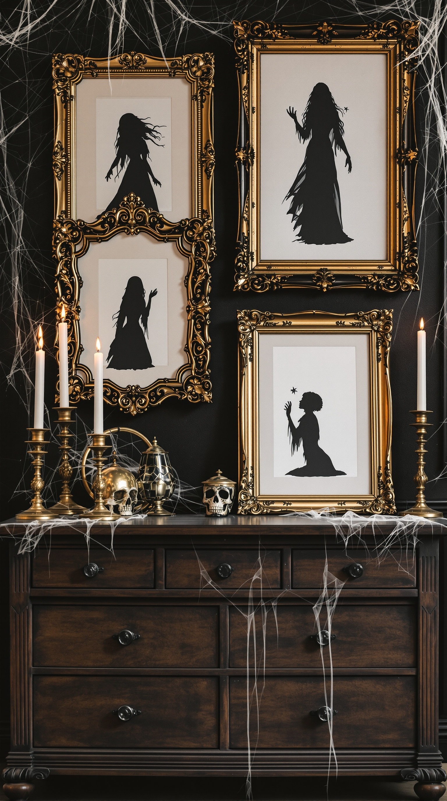 Decorative vintage Halloween cameo frames with silhouettes and candles