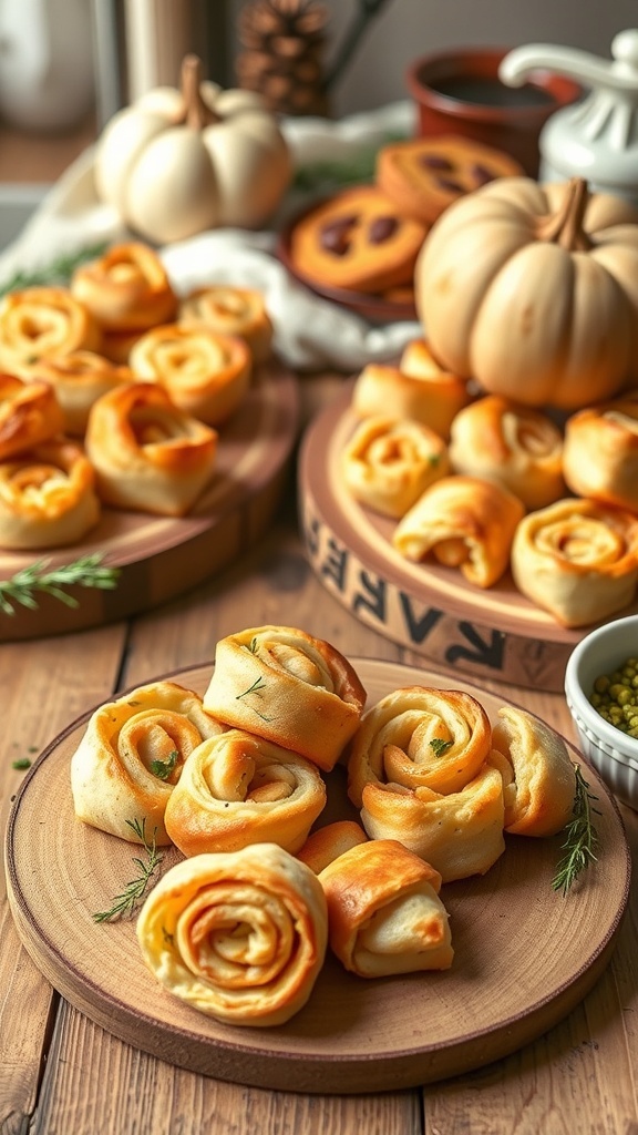 A platter of crescent roll pinwheels, golden and swirled, surrounded by decorative pumpkins.