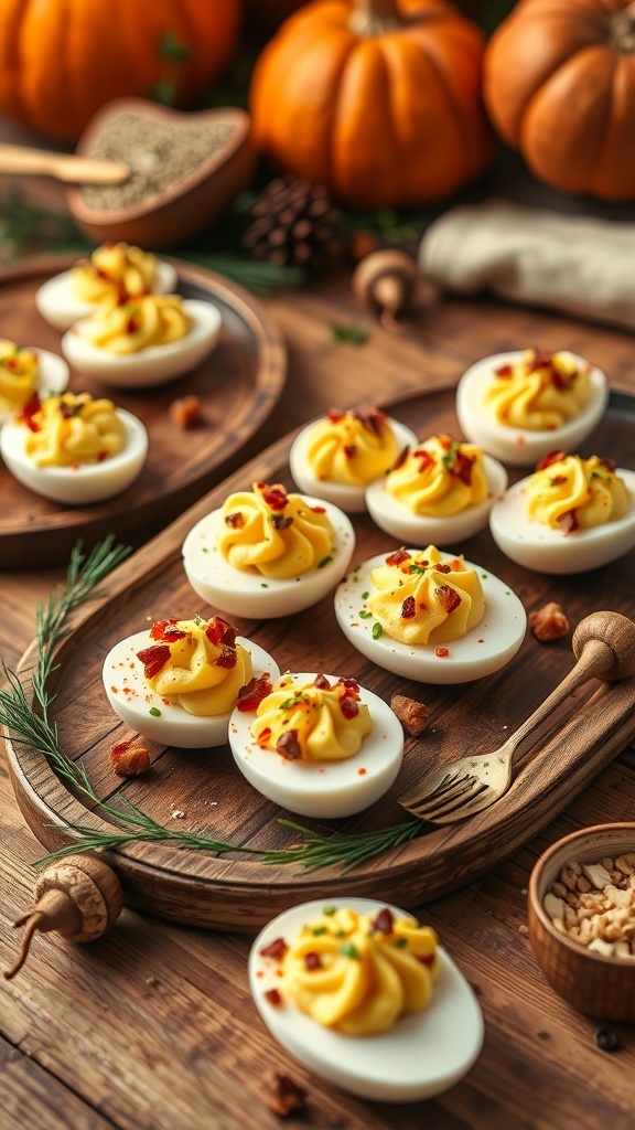 A platter of deviled eggs decorated with bacon bits and herbs, surrounded by pumpkins and autumn decor.