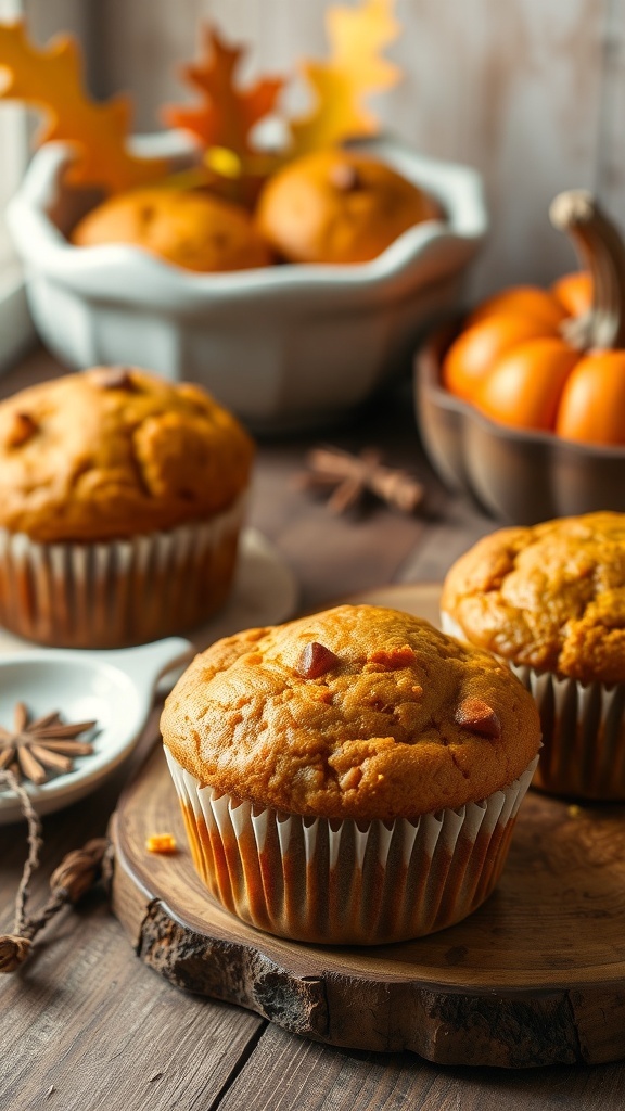 Delicious pumpkin muffins on a wooden board with small pumpkins and autumn leaves in the background.