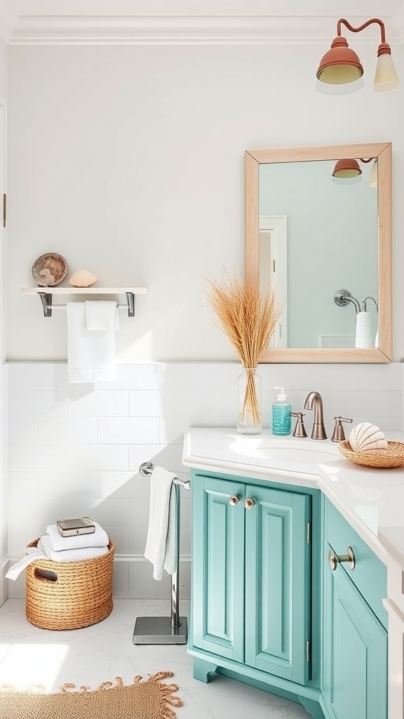 A bright bathroom featuring seashell decor, teal cabinetry, and natural elements.