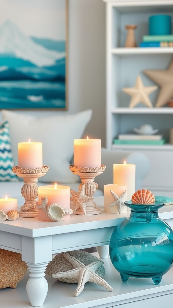A cozy coastal decor setup featuring seashell candle holders, candles, and beach-themed items.