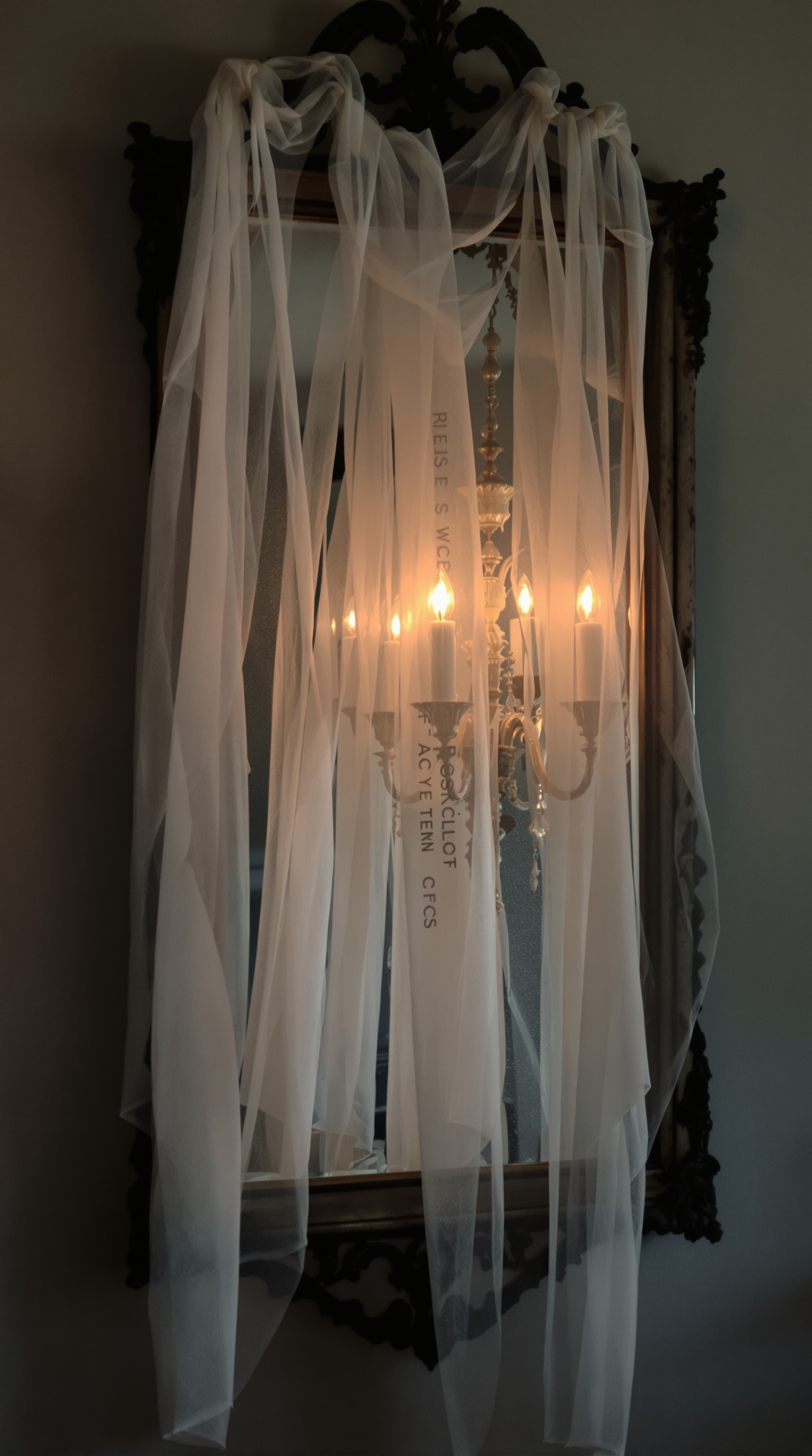 Ghostly cheesecloth drapes hanging from a mirror, creating a spooky atmosphere.