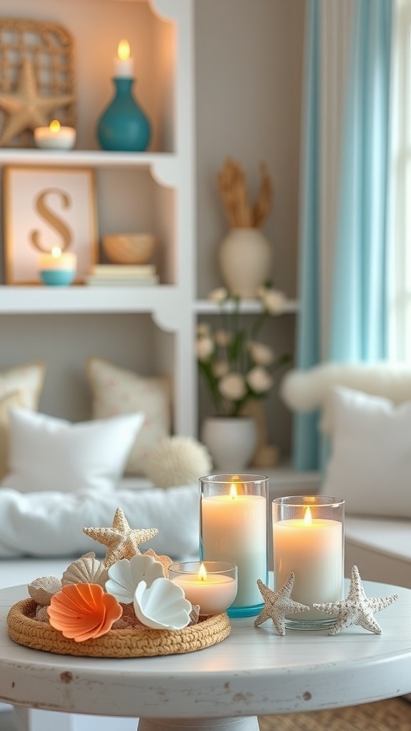 Cozy coastal decor featuring glass jar seashell candle holders with sand