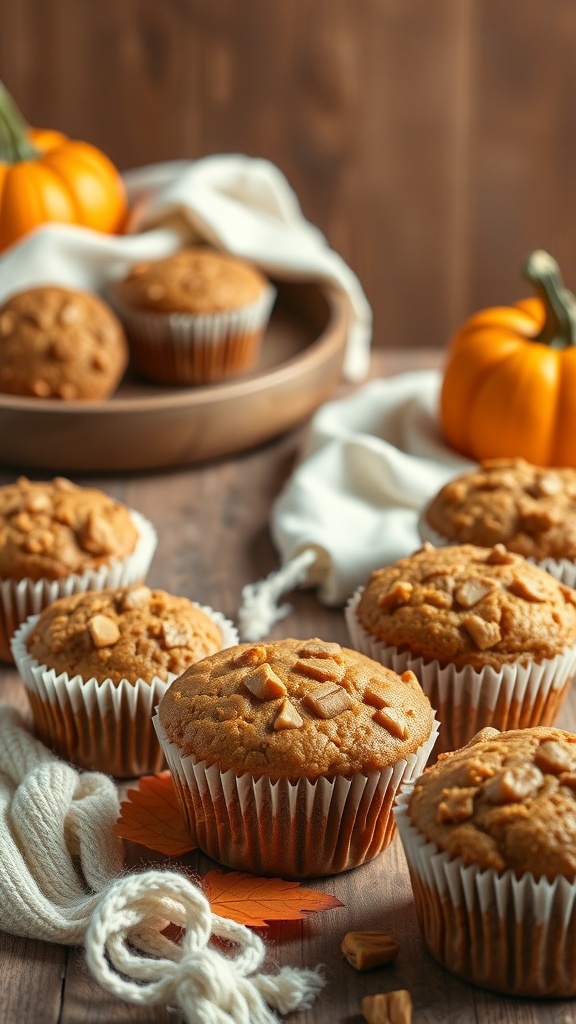 A plate of gluten free pumpkin muffins with small pumpkins in the background.
