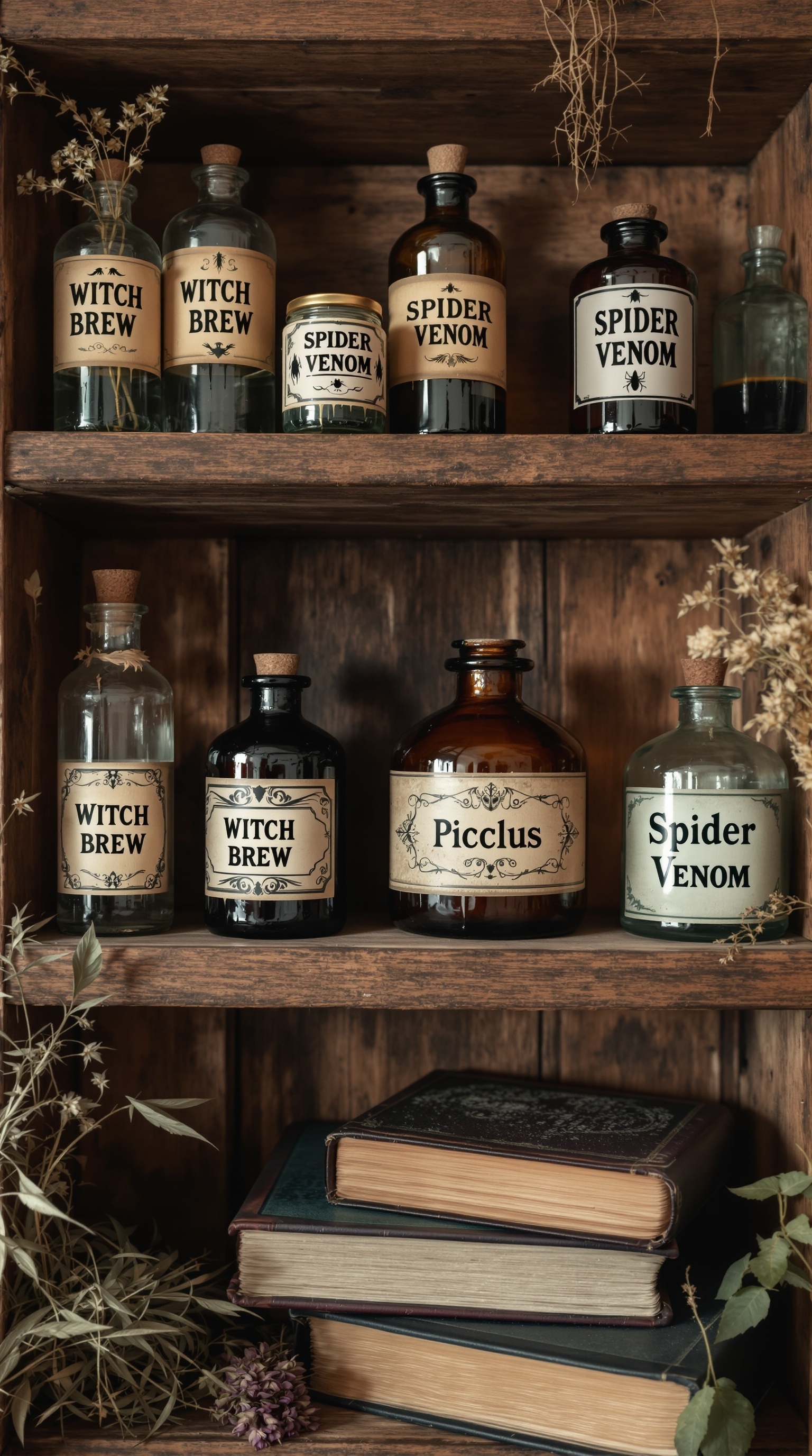 A collection of vintage potion bottles labeled with spooky names like Witch Brew and Spider Venom on a wooden shelf.
