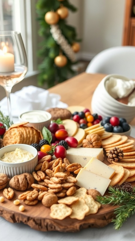 A festive charcuterie board featuring cheeses, nuts, fruits, and crackers, perfect for Thanksgiving appetizers.