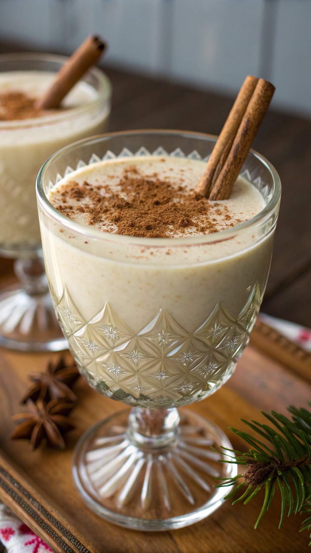 Eggnog topped with grated nutmeg and a cinnamon stick on a wooden tray.