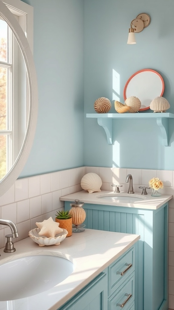 A bright bathroom featuring seashell decor, blue walls, and a clean aesthetic.