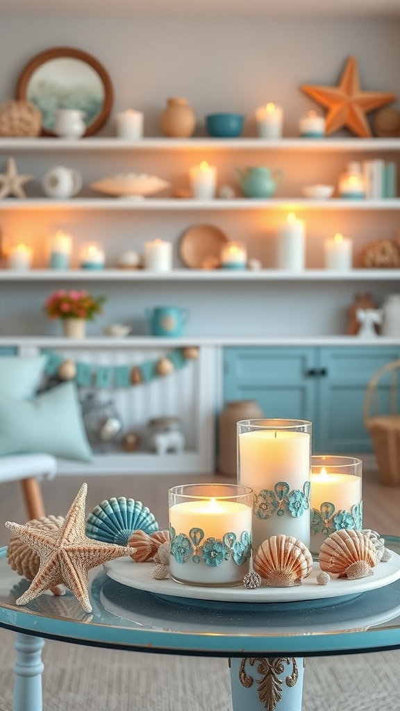 A cozy coastal decor setup featuring seashell candle holders and other beach-themed items.
