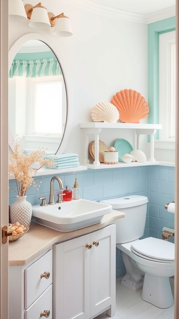 A minimalist bathroom decorated with seashells and a light color palette.