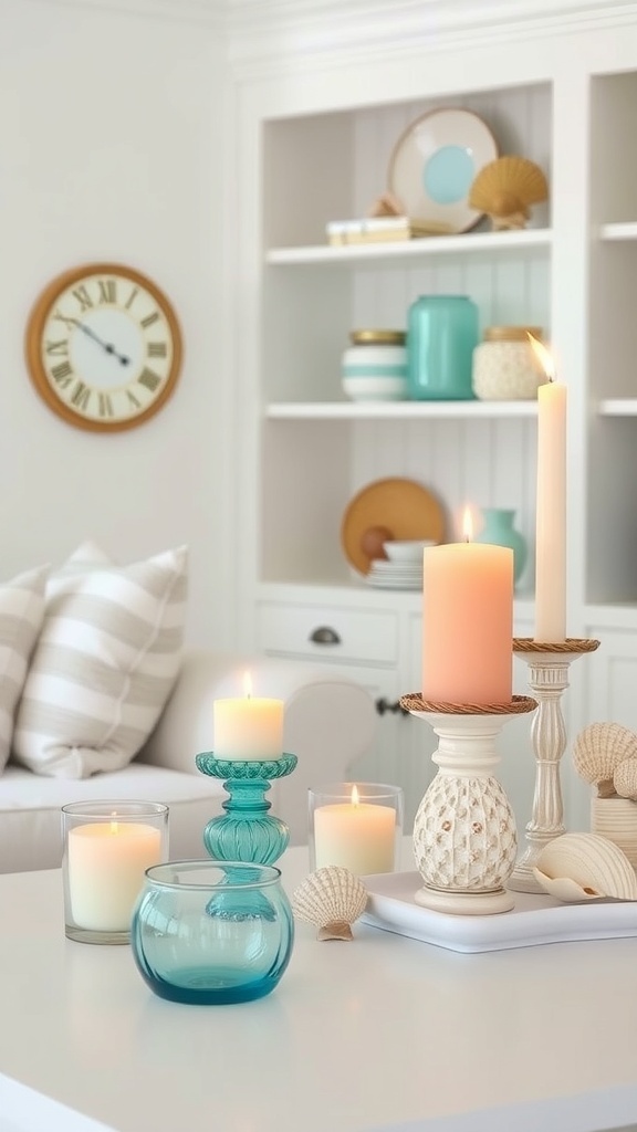 A minimalist white seashell candle holder with candles on a table, surrounded by coastal decor.