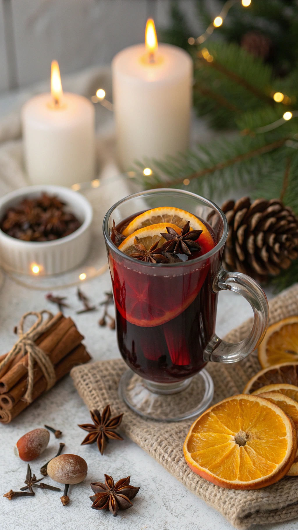 Mulled wine with orange slices and star anise in warm candlelight.