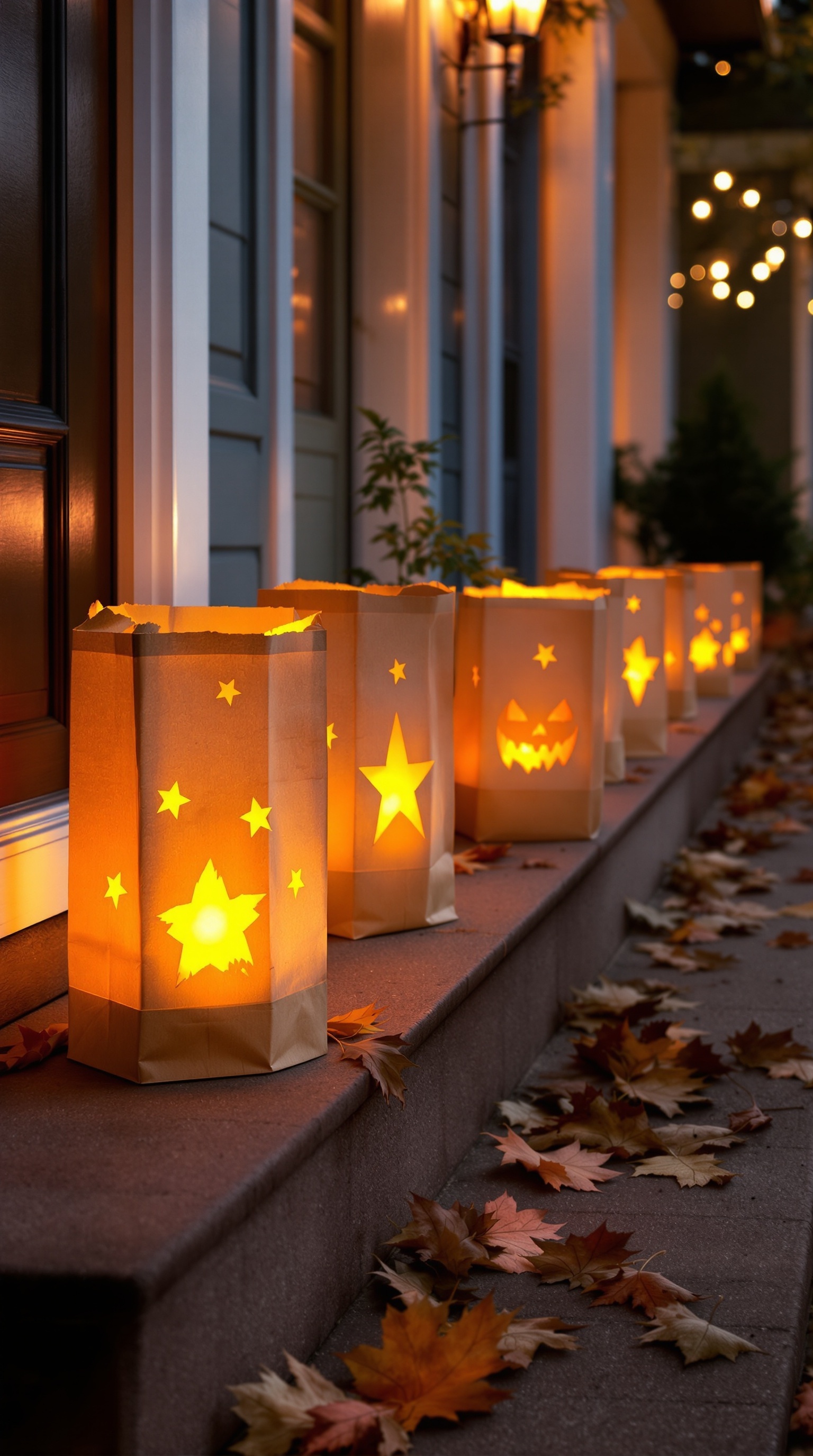 A row of glowing paper bag luminaries with Halloween designs, placed on a porch surrounded by autumn leaves.