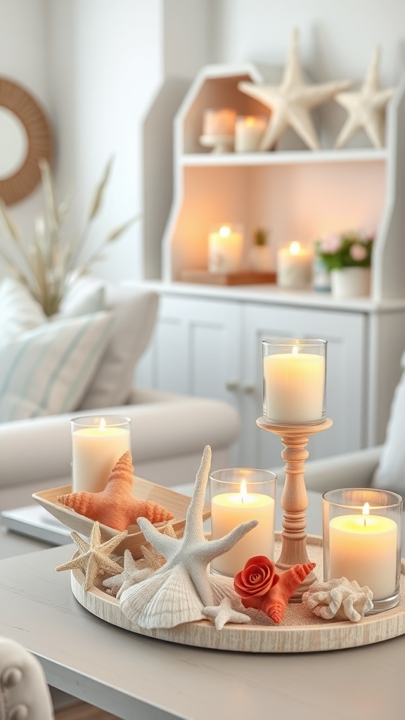 A cozy outdoor setup with seashell candle holders and candles on a patio.