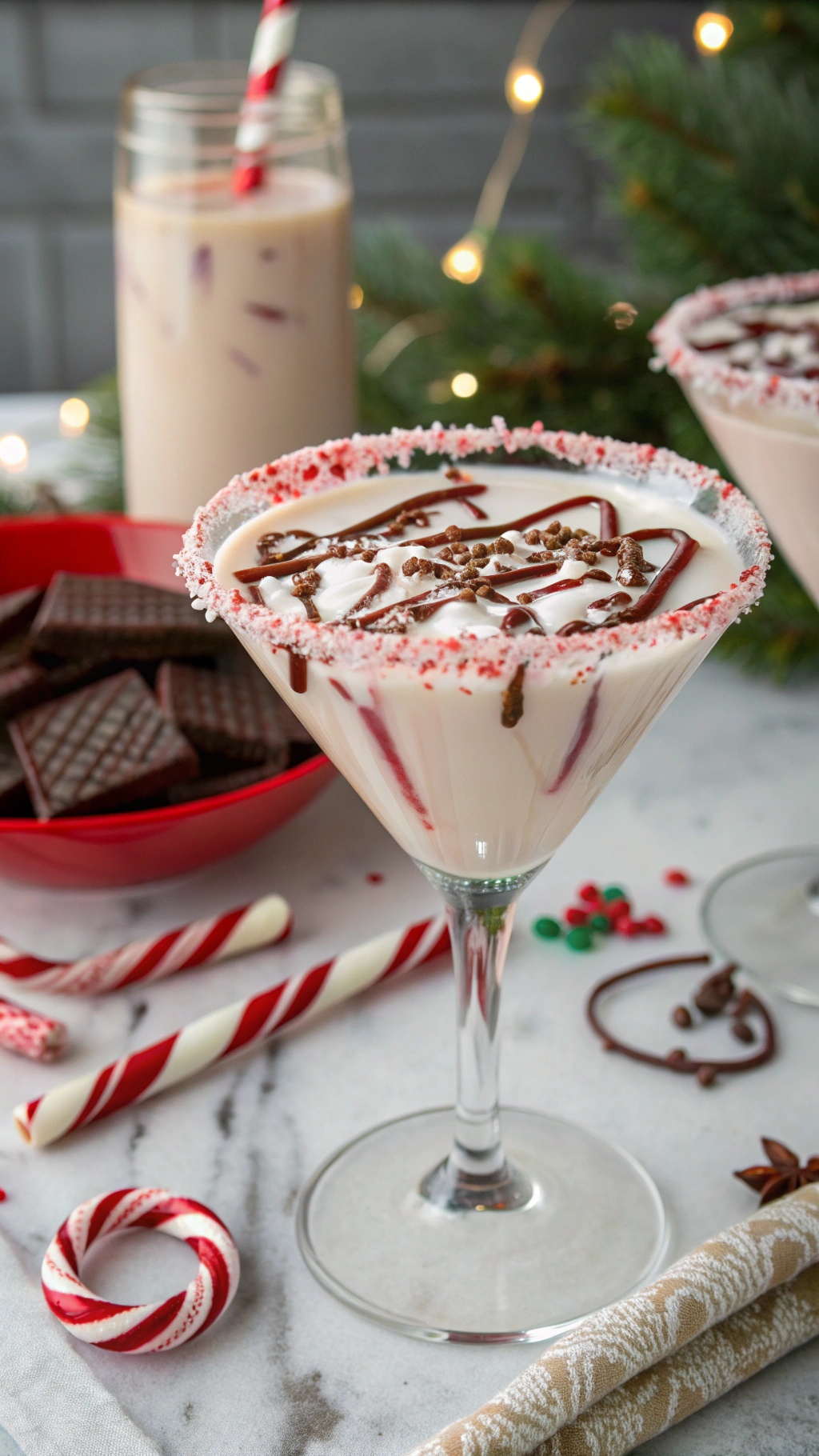 Peppermint bark martini with whipped cream, chocolate drizzle, and crushed candy cane in a coupe glass.