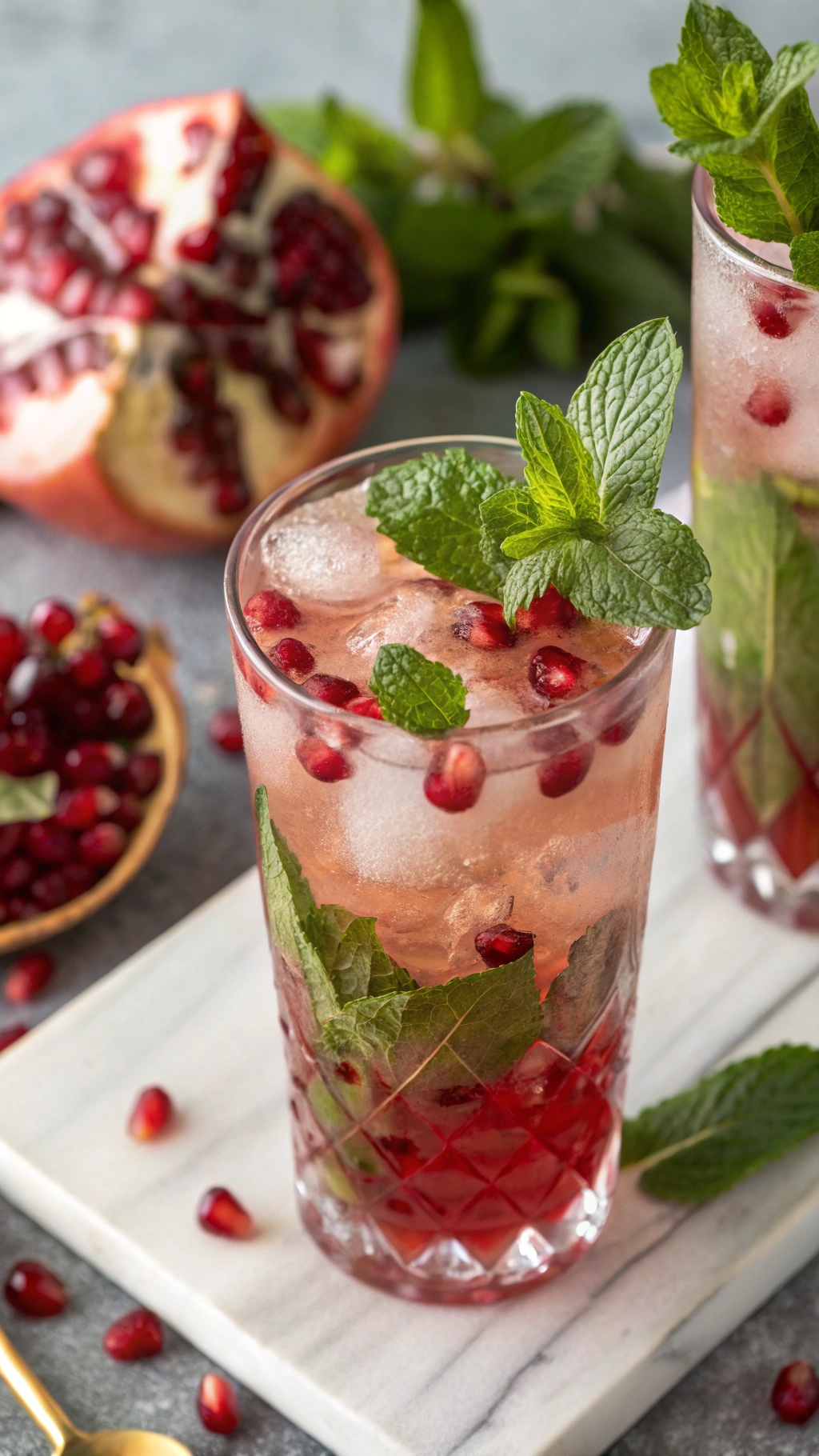 Pomegranate mojito with mint leaves and pomegranate seeds over ice.