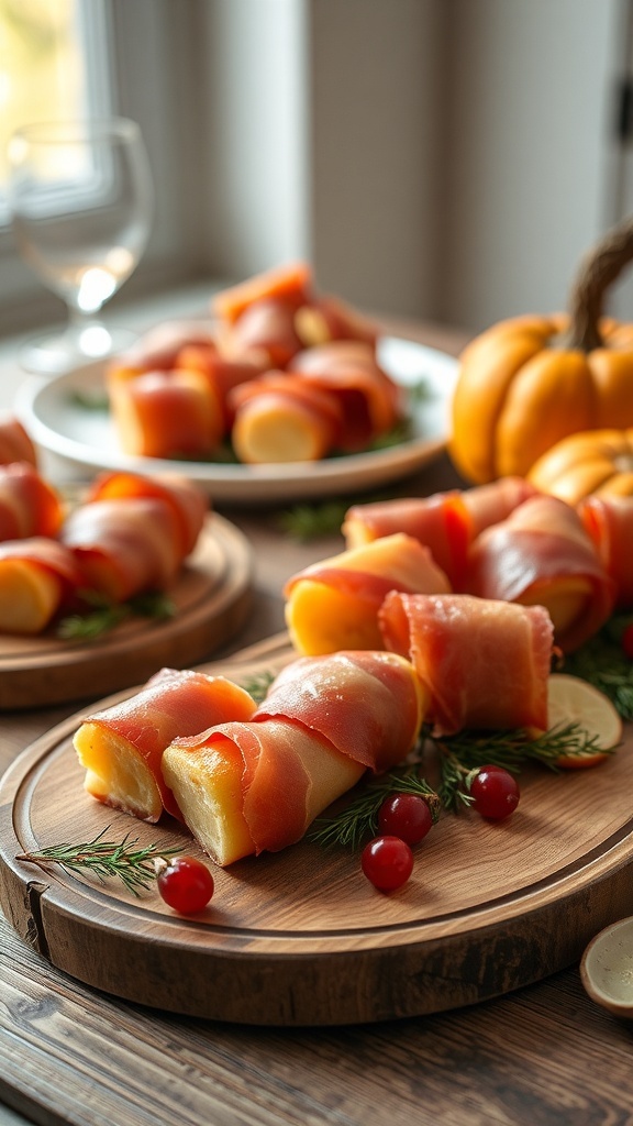 Prosciutto-wrapped melon and pears on a wooden platter with decorative garnishes.