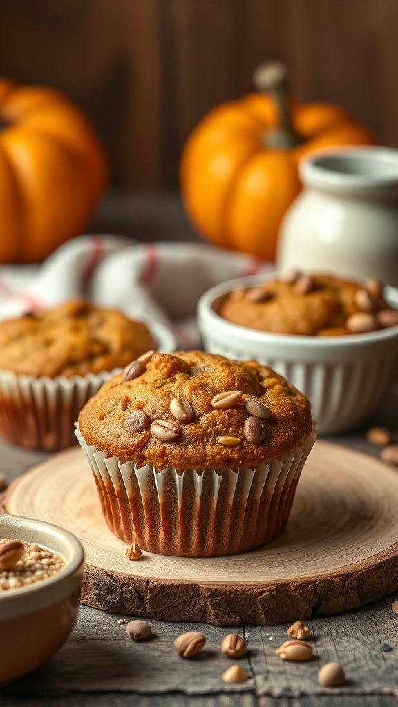 Delicious protein pumpkin muffins topped with nuts, surrounded by pumpkins and a rustic setting.