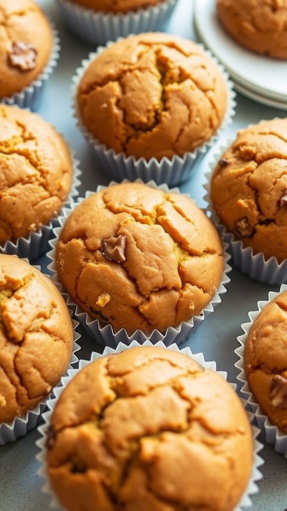 A plate of freshly baked pumpkin banana muffins surrounded by small pumpkins and autumn leaves.