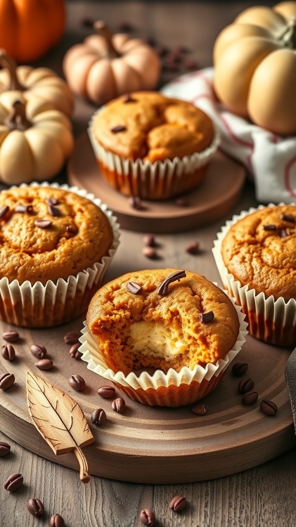 Delicious pumpkin cheesecake muffins with chocolate chips on a wooden platter, surrounded by small pumpkins and coffee beans.