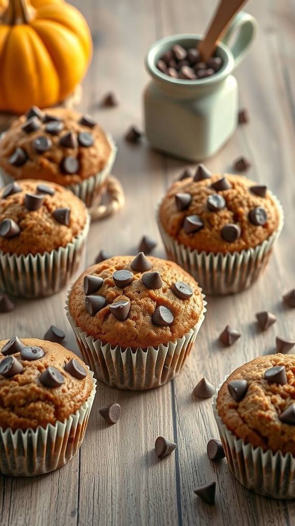 Pumpkin chocolate chip muffins on a wooden table with a small pumpkin and chocolate chips scattered around.