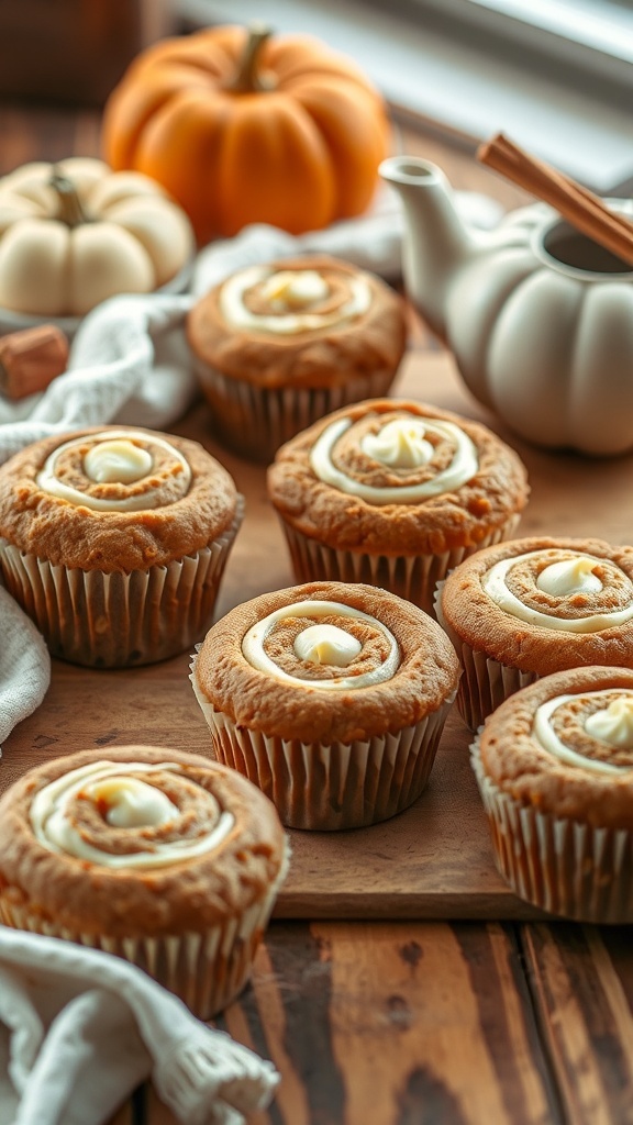 Pumpkin Cream Cheese Muffins with a swirl of cream cheese on top, surrounded by pumpkins and a teapot.