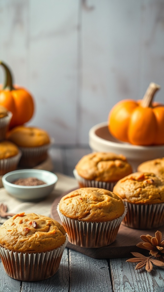 Delicious pumpkin muffins with pumpkins in the background