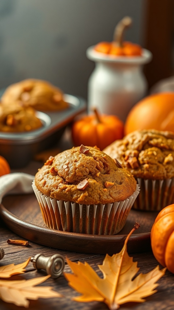 Delicious pumpkin protein muffins with a golden top, surrounded by small pumpkins and autumn leaves.