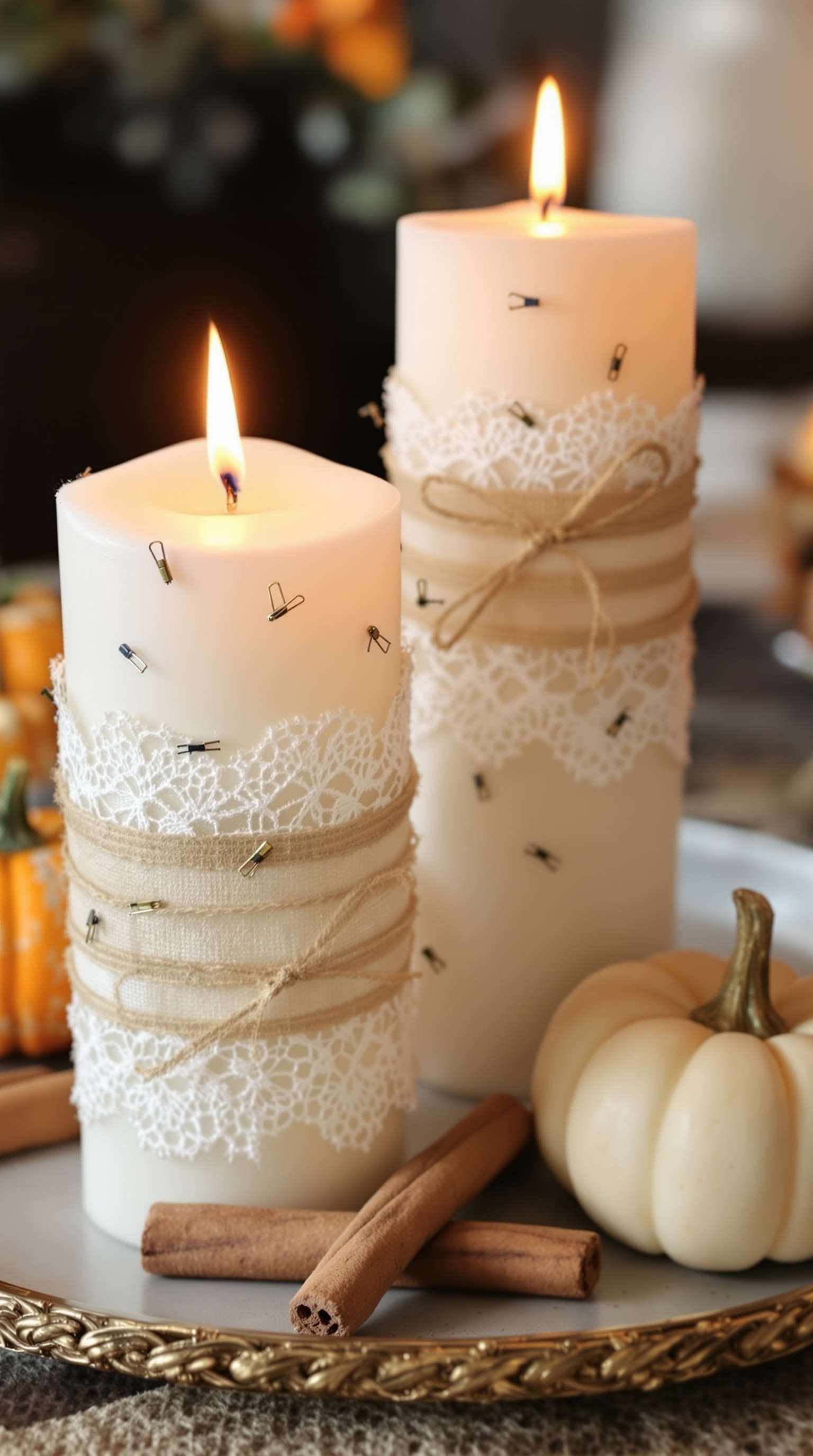 Two lit candles wrapped in lace and twine, surrounded by cinnamon sticks and a small white pumpkin.
