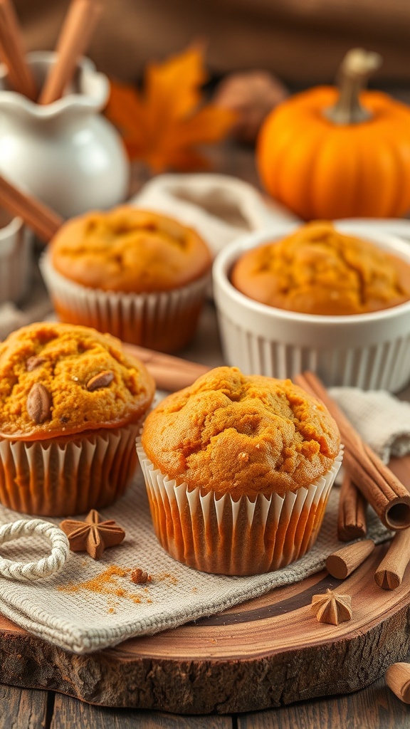 A plate of pumpkin spice muffins with cinnamon sticks and a small pumpkin, evoking a cozy fall atmosphere.