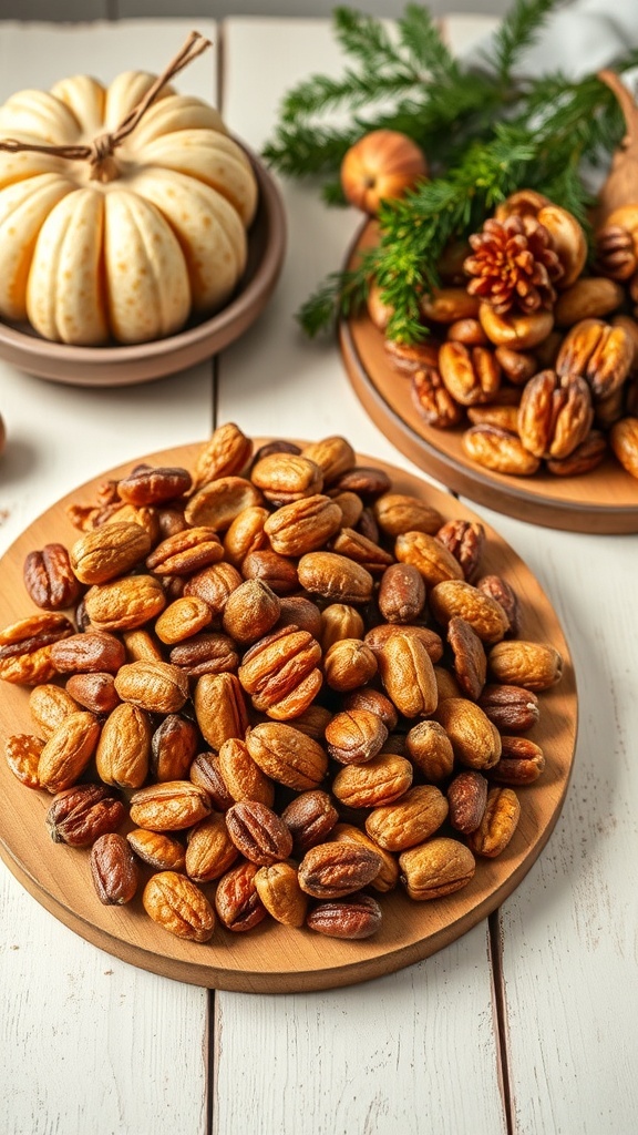 A platter of roasted nuts with spices, surrounded by seasonal decorations like pumpkins and pinecones.