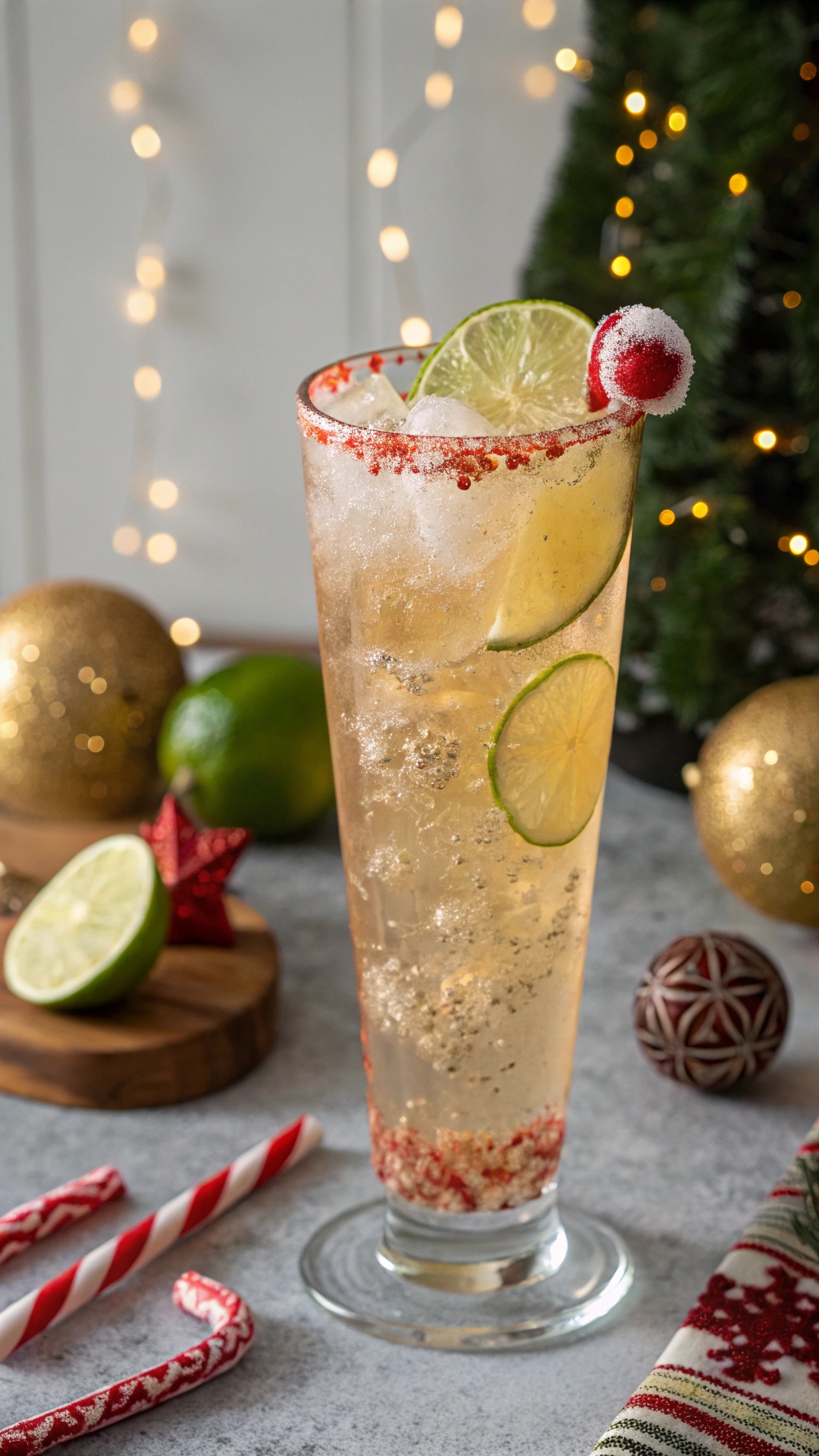 Rum and ginger beer cocktail with lime wedge and cherry.